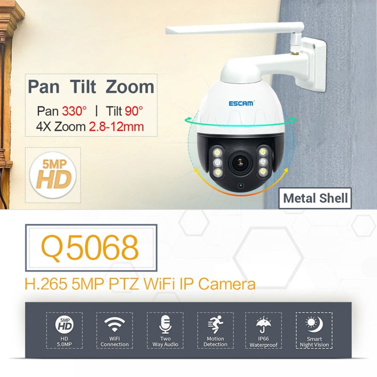 ESCAM Q5068 H.265 5MP Pan / Tilt / 4X Zoom WiFi Waterproof IP Camera, Support ONVIF Two Way Talk & Night Vision, AU Plug, EU Plug, AU Plug, UK Plug, US Plug ESCAM Q5068 H.265 5MP Pan / Tilt / 4X Zoom WiFi Waterproof IP Camera, Support ONVIF Two Way Talk & Night Vision, AU Plug, EU Plug, AU Plug, UK Plug, US Plug